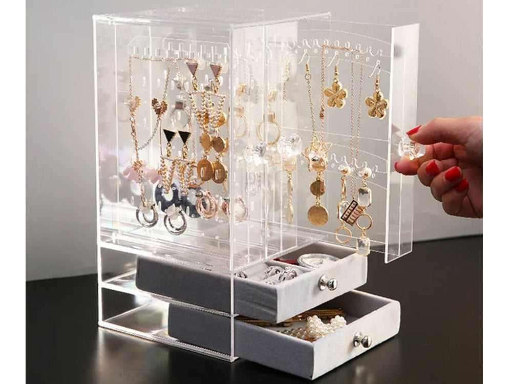 Organizator de bijuterii, Zola, trei sertare extensibile, doua sertare captusite cu catifea, din plastic, 24.5x14.5 cm, gri/transparent Organizator de bijuterii, Zola, trei sertare extensibile, doua sertare captusite cu catifea, din plastic, 24.5x14.5 cm, gri/transparent